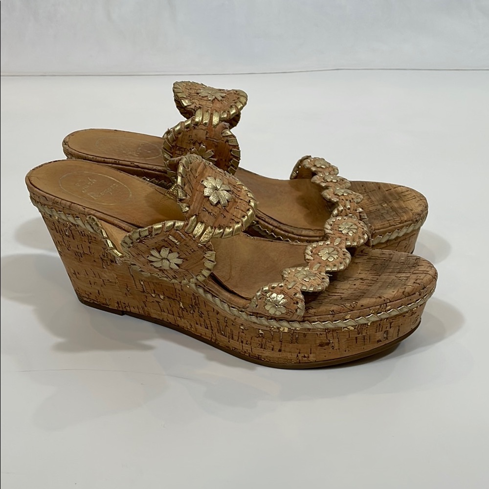 Jack Rogers Cork Wedge Sandals Size 9.5 Gold Trim